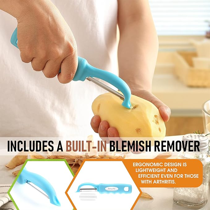 Spring Chef Premium Swivel Vegetable Peeler, Soft Grip Handle and Ultra Sharp Stainless Steel Blades - Perfect Kitchen Peeler For Veggie, Fruit, Potato, Carrot, Apple - Aqua Sky