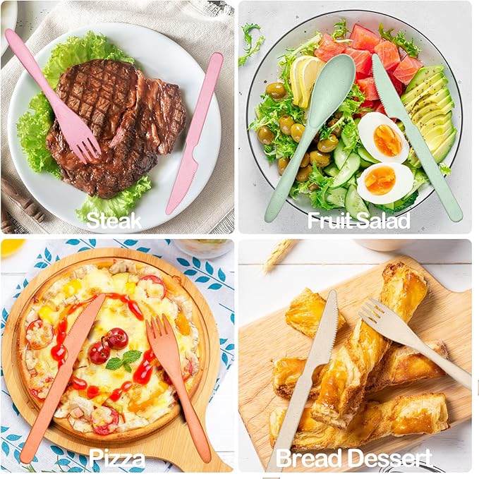 Reusable Travel Utensils Set with Case, 12 Sets Wheat Straw Portable Knife Fork Spoons Cutlery, Eco-Friendly BPA Free Plastic Tableware for Kids Adults Travel Picnic Camping Utensils