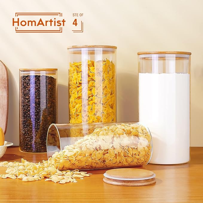 Large Glass Flour and Sugar Containers 180oz x2 & 93oz x2 [Set of 4], Glass Food Storage Containers with Bamboo Lids, Glass Jar with Airtight Lid for Spaghetti Pasta,Rice,Cereal,Coffee, Oat