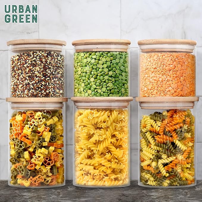 Urban Green Glass Storage Container Bamboo Lids, Glass Airtight Canisters sets, Food Jars, Pantry Organization and Storage Containers, Spice Jars, Flour Canisters of 6