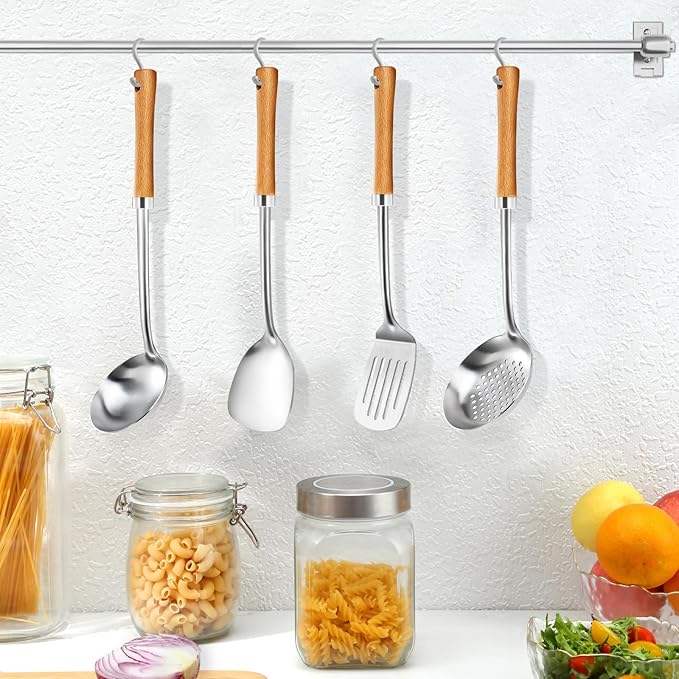 Pleafind 4-Pcs Cooking Utensils Set, Stainless Steel Kitchen Utensils with Wooden Hanlde, Kitchen Essentials Set Include Wok Ladle, Slotted Spoon, Wok Spatula and Slotted Spatula, Dishwasher Safe