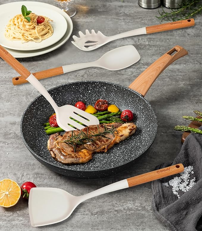 Large Silicone Cooking Utensils Set, 10Pcs Nonstick Kitchen Utensil Set with Wooden Handle, Heat Resistant Silicone Utensils for Cooking, BPA Free Spatula Set with Turners Spoon Ladle Skimmer(White)