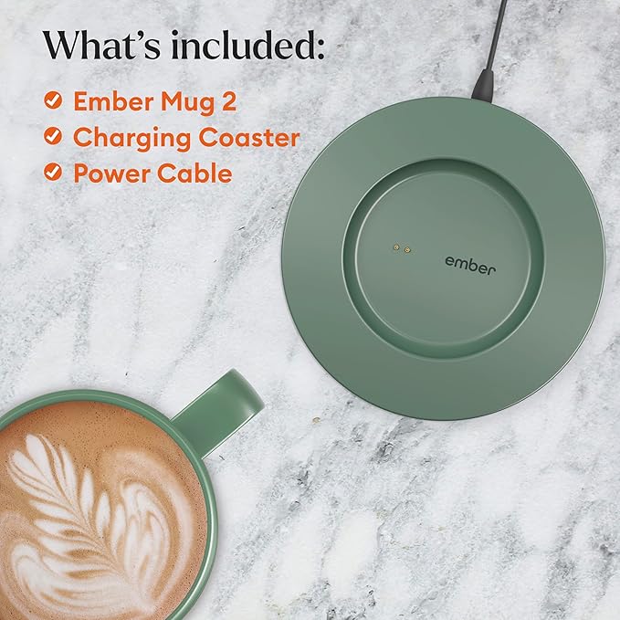 Ember Temperature Control 14oz Smart Mug 2, App-Controlled and Rechargeable Heated Coffee Cup Warmer with Intelligent LED Display, Sage Green.