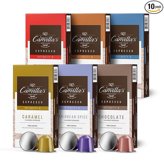 Camilla’s Heritage - Intensity 8 Flavored Espresso Coffee Variety Pack (Caribbean Spice, Cinnamon, Hazelnut, Chocolate, Caramel & Vanilla Espresso Cups) 60 Coffee Pods