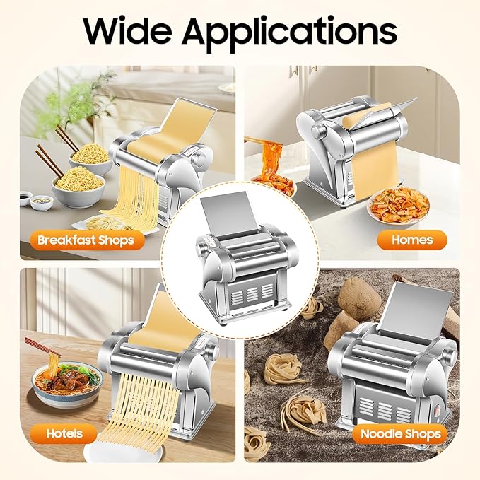 Electric Pasta Maker, Stainless Steel Roller Noodle Making Machine with 8 Adjustable Thickness Settings, Commercial Noodle Maker with Rollers and Cutter, for Spaghetti, Fettuccini, Lasagna