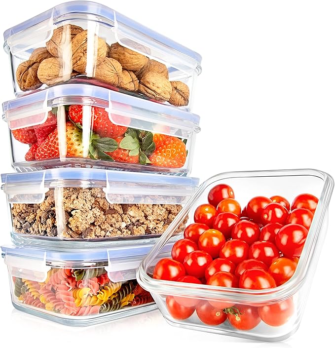 NutriChef 10-Piece Superior Glass Food Storage Containers Set (5 Containers + 5 Locking Lids),Stackable Meal-prep Design, BPA-free Airtight Clear Locking lids with Vent Lids & Air Hole, Blue