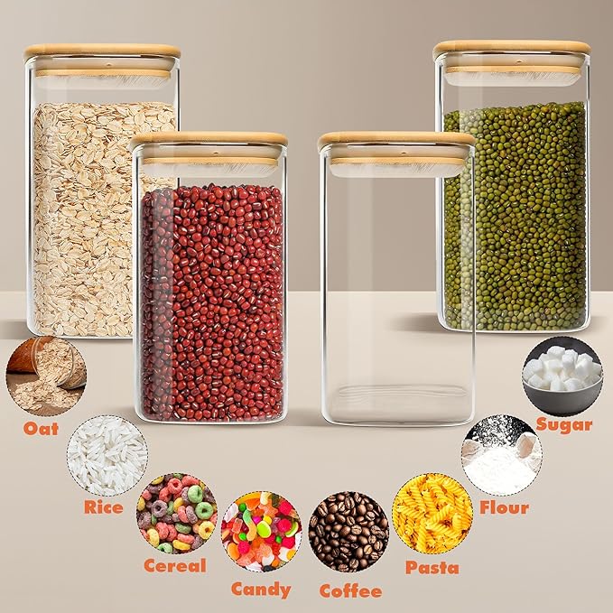 Glass Storage Containers with Airtight Bamboo Lids Set of 3,Pantry Food Glass Jar with Lid,Perfect for Kitchen Organization-Flour,Rice,Pasta,Sugar,Coffee Beans,Accessories Included (3 packs(68oz))