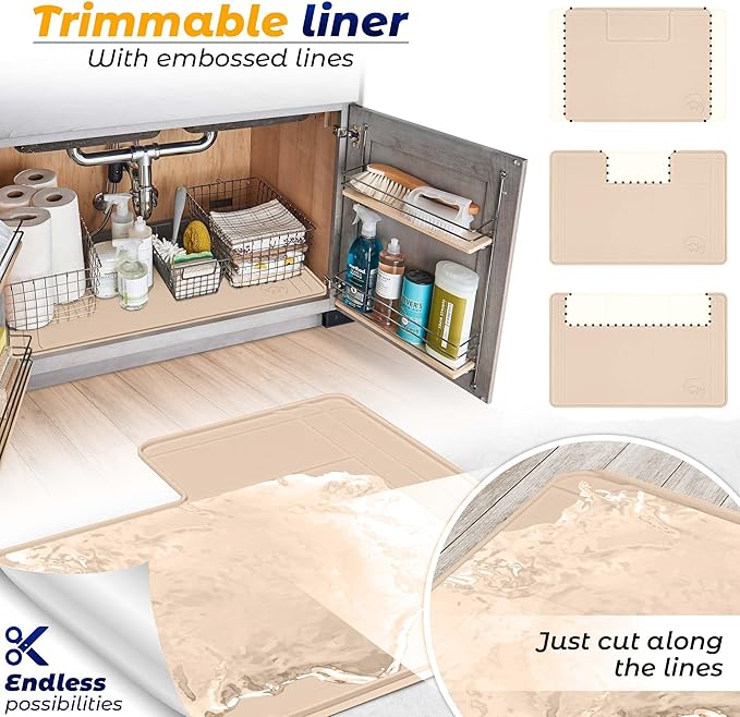 The Original Under Sink Mat - Silicone Waterproof mat, Adjustable, Easy to Clean, Kitchen Cabinet Liner, Disifenction Surface - 31" x 22" or Smaller (Beige, 31" x 22")