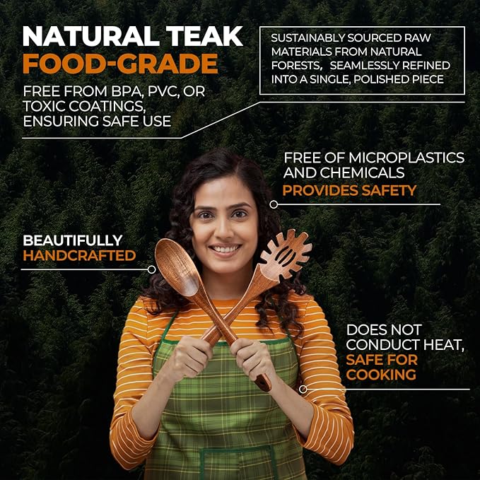 AIUHI Teak Wood Pasta Server, Wooden Spaghetti Noodle Spoon with Teech, Long Handle Spaghetti Fork and Scoop Set (2 Pcs)