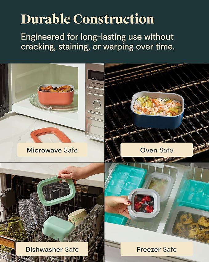 Caraway Mini Rectangle Food Storage Container - 2.6 Cup Glass Storage Container for Food - Non-Toxic Ceramic-Coated Glass - Air Release Technology - Compact & Stackable Design - Sage