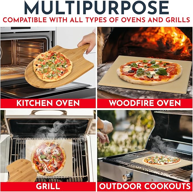 Pizza Stone for Oven Set - 15 x 12 inch Stone for Grill - 3PCS PizzaMaking Accessories - Large Pizza Oven Stones - Baking Stones for Bread and Pizzas