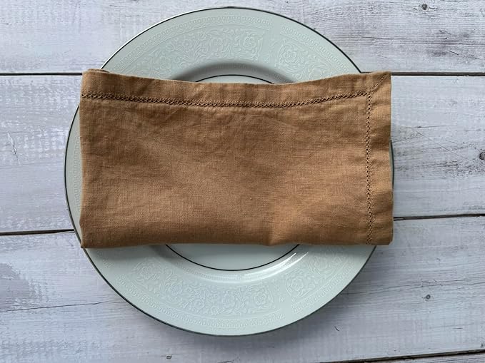 Hemstitched Linen Napkins – 20 Inch x 20 Inch – Stonewashed Pure Linen Cloth Dinner Napkins with Mitered Corners - 100% French Flax – Machine Washable - Set of 4 (Caramel)
