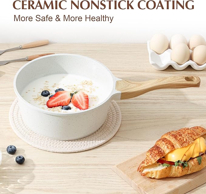 SENSARTE White Ceramic Nonstick Saucepan with Lid 2.5 Quarts, Medium Cooking Pot with Stay Cool Handle, Induction Compatible Saucepot, White Granite Coating, Free of Intentionally Added PTFE/PFOA/PFAS