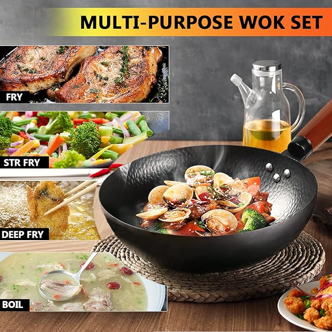 Carbon Steel Wok Pan, 14 Piece Woks & Stir-Fry Pans Set with Wooden Lid Cookwares, No Chemical Coated Flat Bottom Chinese Pan for Induction, Electric, Gas, Halogen All Stoves - 12.6''