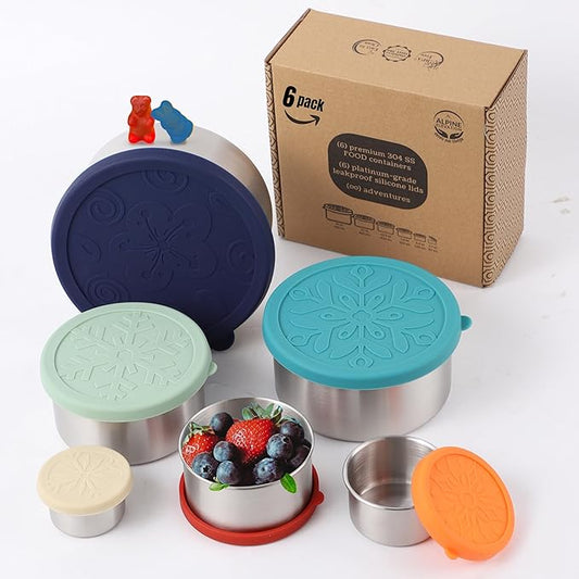12 Pcs - 6 Stainless Steel Containers + 6 Silicone Lids | 304 Stainless Steel Snack Container | Nesting Snack and Dip Containers | Metal Food Storage