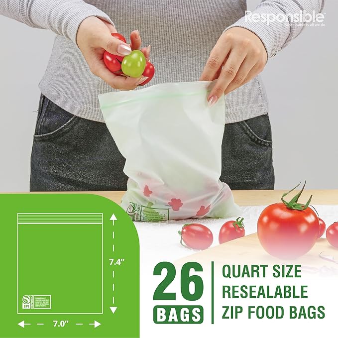 Certified Compostable QUART Resealable Zip Bag, Extra Strength Food Bags, Plant-Based Freezer-Safe (26 Pack)