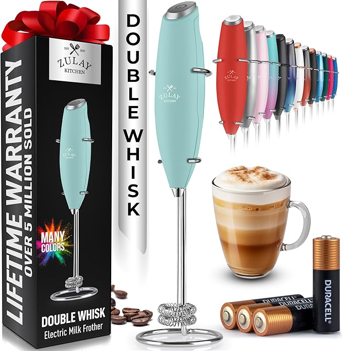 Zulay Kitchen Whisk Milk Frother with 4 Duracell Batteries - Powerful Handheld Foam Maker for Coffee, Lattes, Matcha, Hot Chocolate & Cappuccinos - Whip Creamy Froth in Seconds