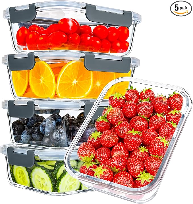 GEHE 5 Pack 36 Oz Glass Food Storage Containers with Lids, Glass Meal Prep Containers, Kitchen Airtight Lunch Storage Containers with Lids, Safe for Freezer, Oven, Dishwasher, BPA Free