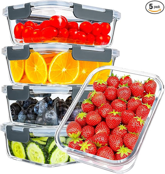 GEHE 5 Pack 36 Oz Glass Food Storage Containers with Lids, Glass Meal Prep Containers, Kitchen Airtight Lunch Storage Containers with Lids, Safe for Freezer, Oven, Dishwasher, BPA Free