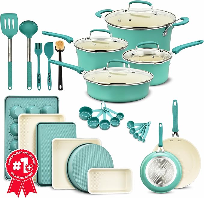 Pots and Pans Set, 23-Piece Non Stick Cookware & Bakeware Sets with Plaid Pattern, Stackable Design, Dishwasher Safe, Stain-resistant, Oven & All-Stove Safe, Tempered Glass Lid, Aqua
