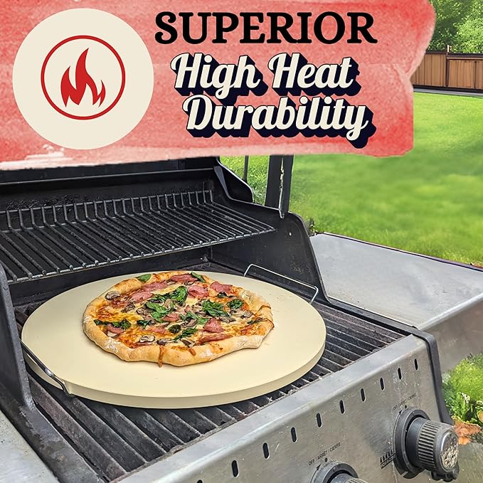 16 inch Round Pizza Baking Stone - Large Pizza Stone for Grill with Handles and Dough Tool - Baking Stone for Bread - Pizza Making Accessories - Cooking Gifts for Food Lovers