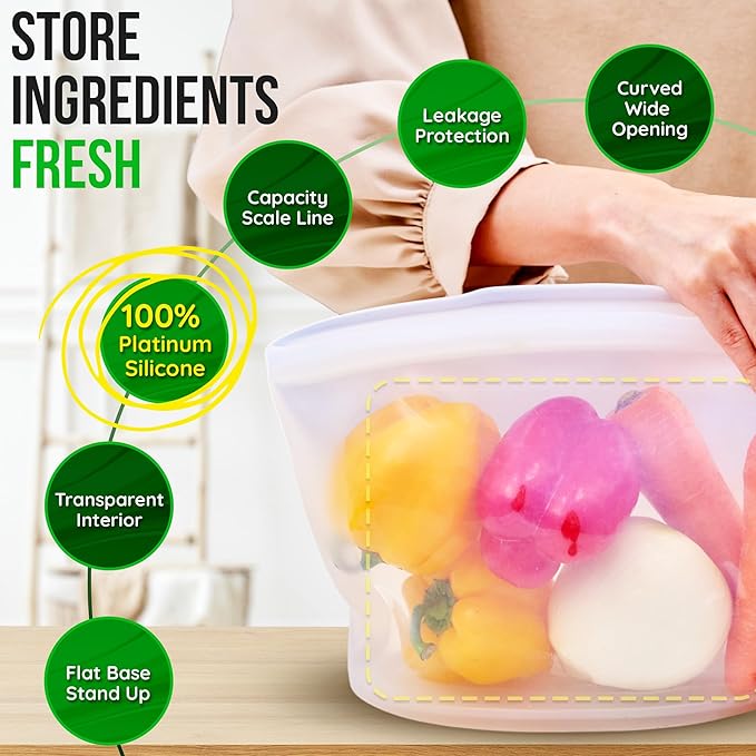Reusable Silicone Food Storage Bags 2.1Cup (17oz), Airtight food Storage Containers Food Grade Silicone Snack Bags, BPA Free Food Storage Container, Microwave Safe, Sous Vide Container, Dry Rose