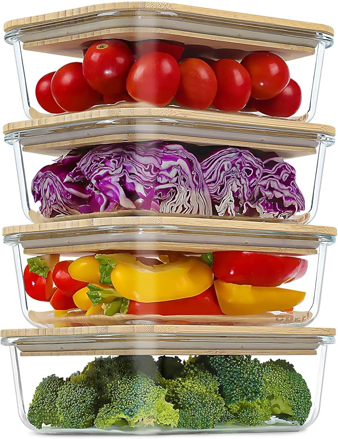 Urban Green Glass Containers with Bamboo Lids, Bamboo Meal Prep Storage Containers with Lids, Oven, Freezer, Microwave Safe, Pack of 4, 35oz