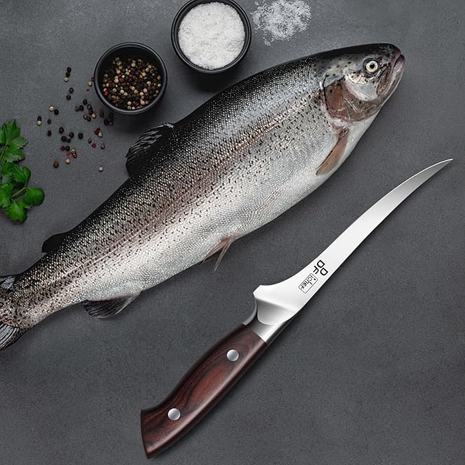 DDF iohEF Fillet Knife 7 Inch Professional Boning Knife High Carbon Japanese Stainless Steel Fish Knife with Full Tang Ergonomic Handle for Meat Cutting Trimming