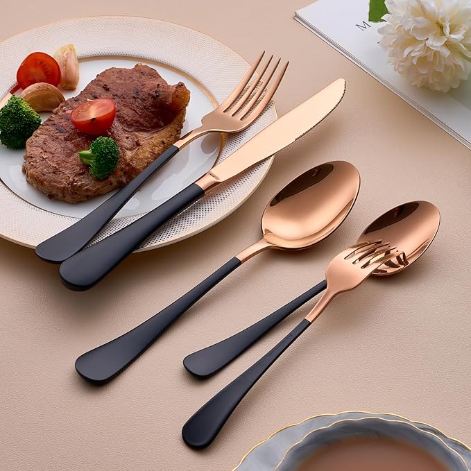 20-Piece Rose Gold and Black Silverware Set for 4 - 18/0 Stainless Steel Flatware Cutlery Utensils, Include Dinner Knives, Forks, Spoons, Salad Forks, Teaspoons, Dishwasher Safe