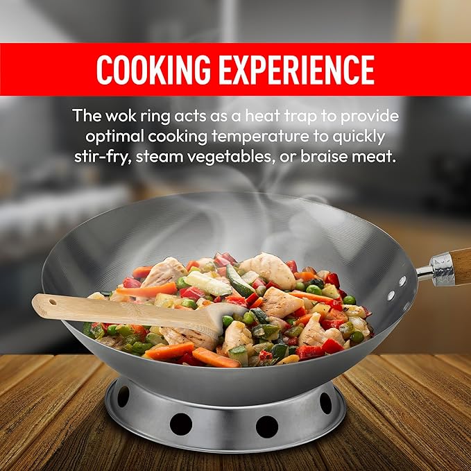 Helen's Asian Kitchen Round Bottom Wok Set, Carbon Steel and Bamboo, 12-Inches, 4-Piece Set