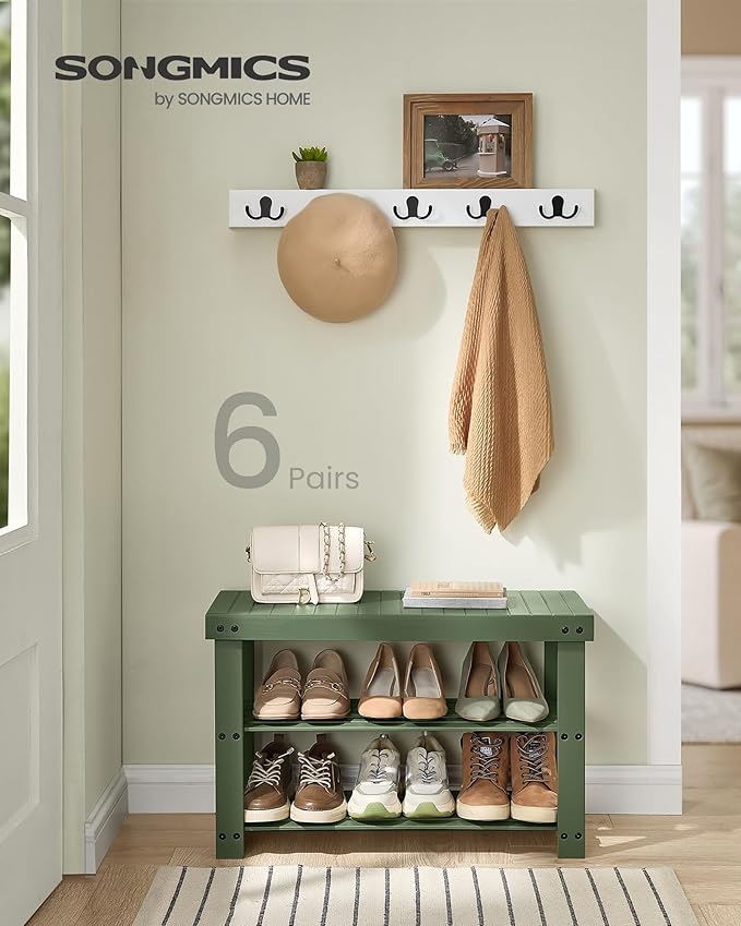 SONGMICS Shoe Rack Bench, 3-Tier Bamboo Shoe Storage Organizer, Entryway Bench, Holds Up to 286 lb, 11.3 x 27.6 x 17.8 Inches, for Entryway Bathroom Bedroom, Forest Green ULBS004C01