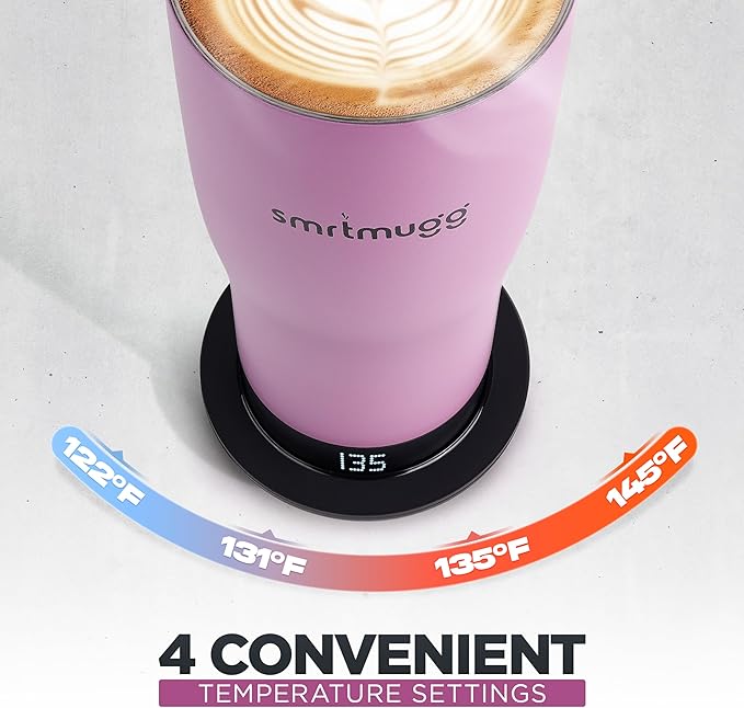 X Heated Coffee Mug 19 oz., 8 Hour Battery Life, Self-Heating, Adjustable Temp Controlled, LCD Screen, Includes Cover with Magnetic Slider (Black) (Lilac)