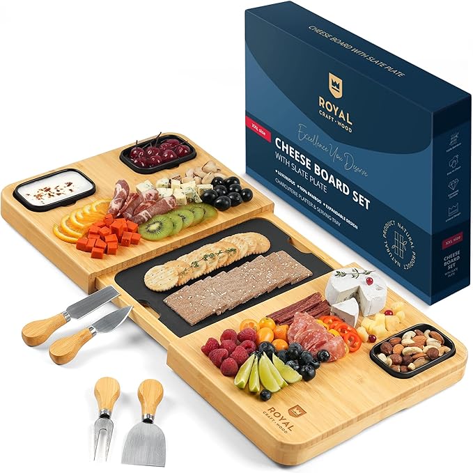 ROYAL CRAFT WOOD Extra Large Bamboo Charcuterie Boards - Large Charcuterie Board Set w/ 3 Sauce Bowls, 4 Knives & Slate Plate - Unique Cheese Board & Serving Tray - Ideal Housewarming Gift