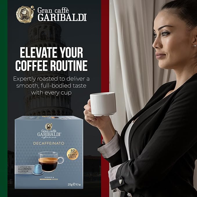Gran Caffè Garibaldi Decaffeinated Espresso Pods, Italian Roast Coffee, Decaf Capsules Compatible with Nespresso Original Line Machines, Nitrogen Flushed, Intense & Rich Aroma - Decaffeinato (Aluminum) 50 Cups