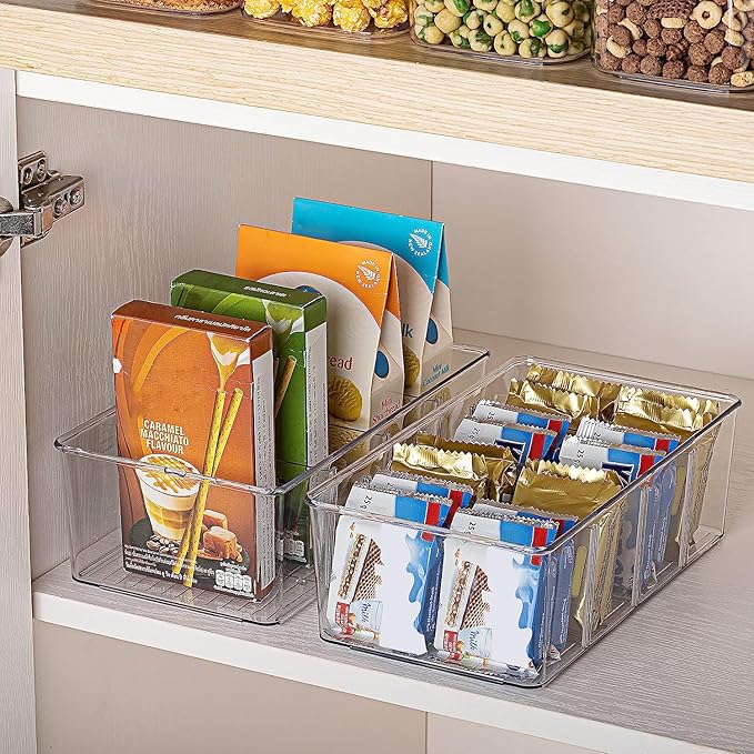 Vtopmart 6 Pack Food Storage Organizer Bins, Clear Plastic Bins for Pantry, Kitchen, Fridge, Cabinet Organization and Storage, 4 Compartment Holder Packets, Snacks, Pouches, Spice Packets