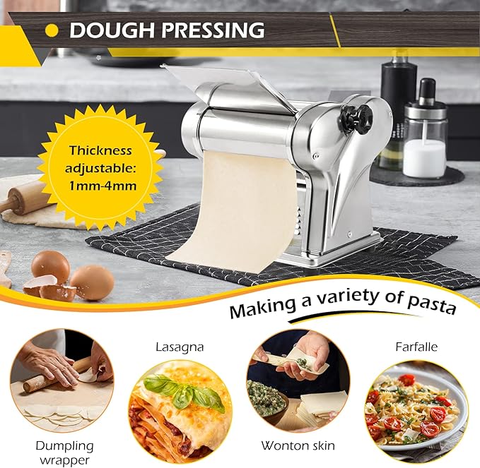 Dyna-Living Electric Pasta Maker Noodle Maker Machine Dough Spaghetti Roller Pressing Machine Thickness Adjustable Stainless Steel 135W for for Home Family Use (1.5mm round noodle+4mm flat noodle)