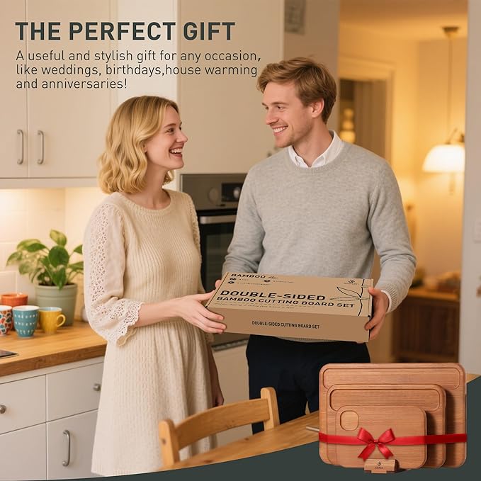 3 Packs Bamboo Cutting Board Set with Holder Nice Solid Thick Wood Deep Juice Groove & Built-in Handles Chopping Board Large Big Small Best Hardwood Kitchen Counter Organic Vegetable Meat BBQ Kit