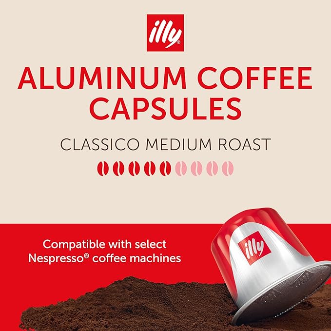 illy Aluminum Espresso Capsules - Compatible with Nespresso Machines - Classico Medium Roast Coffee - Mild & Balanced - Notes of Caramel, Orange Blossom & Jasmine Single Serve Capsules - 10 Count (Pack of 10)