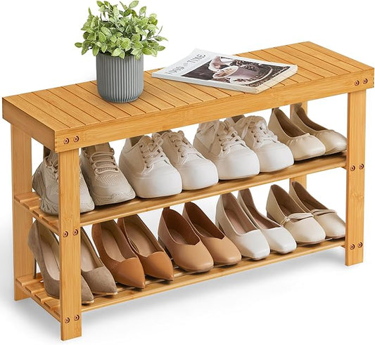 SONGMICS Shoe Rack Bench, 3-Tier Bamboo Shoe Storage Organizer, Entryway Bench, Holds Up to 286 lb, 11.3 x 35.4 x 17.8 Inches, for Entryway Bathroom Bedroom, Natural ULBS90N