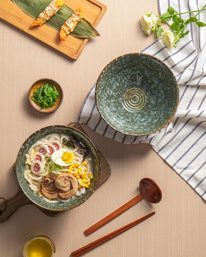 Large Japanese Ramen Bowl Set of 4, Material Safety Ceramic Ramen Bowls with Matching Chopsticks and Spoons, 8 Inch 40oz Pho Bowls Ramen Noodle Bowl for Asian Udon Soup Salad Cereal(Green)