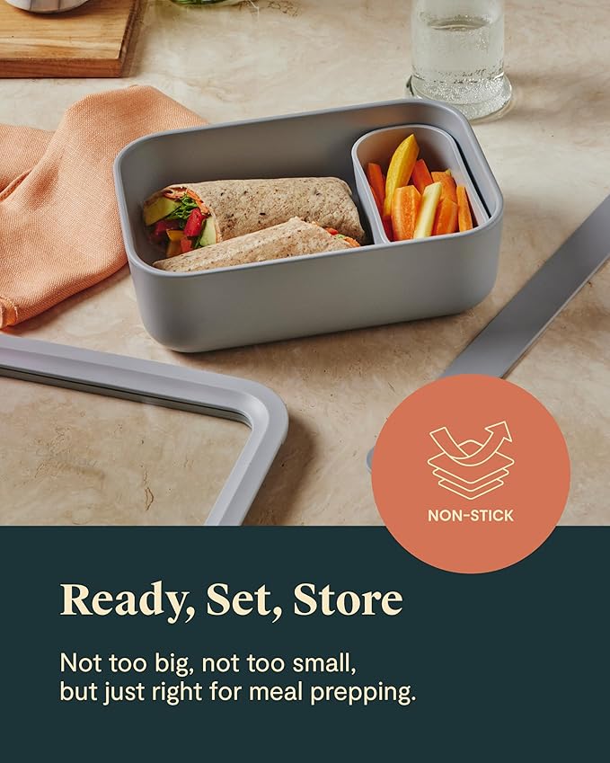 Caraway Glass Food Storage - 6.6 Cup Glass Container - Ceramic Coated Food Container - Non Toxic, Non Stick Lunch Box Container with Glass Lids - Dishwasher, Oven, & Microwave Safe - Mist