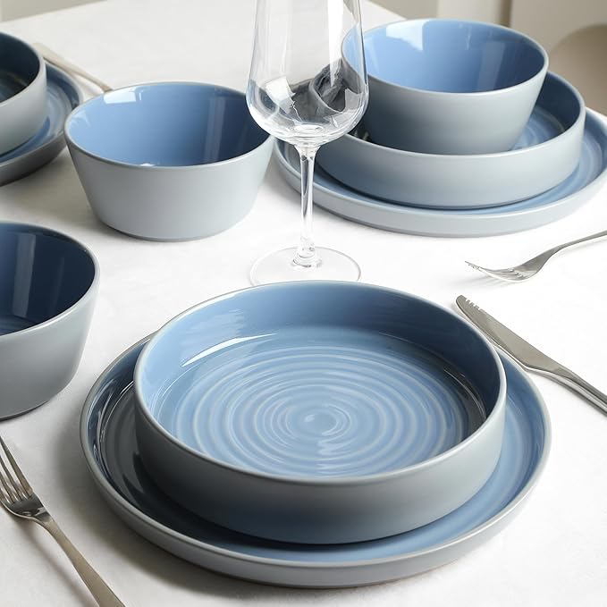Stone Lain Elica 12-Piece Modern Dinnerware Set Stoneware, Plates and Bowl Sets for 4, Blue and Grey