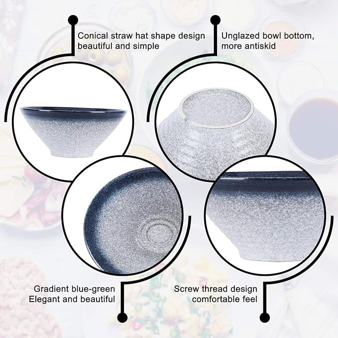 NJCHARMS Ramen Bowls, Ramen Noodle Soup Bowl, 2 Sets (6 Piece) 60 Ounce, with Spoons and Chopsticks for Udon Pho Asian Noodles, Noodle Bowls Large (Blue-Green)