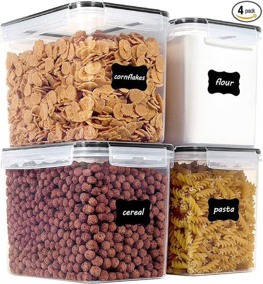 Vtopmart Food Storage Containers 3.3 quart / 3.6L, 4 Pieces BPA Free Plastic Airtight Canister for Flour, Sugar, Baking Supplies, with 4 Measuring Cups and 24 Labels,Black