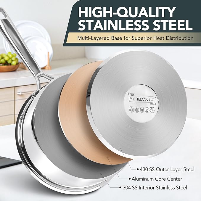 MICHELANGELO Stainless Steel Saucepan Set with Lid, Premium Triply Stainless Steel Sauce Pan with Cool Handle, Nonstick Sauce Pot Set for Kitchen Cooking, Induction Compatible, 1QT & 2QT & 3QT