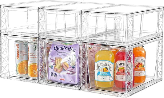 6Pack Pantry Organizers and Storage,Clear Stackable Kitchen Storage Organizer,Foods Organizer Bins with Handles, Easily Assemble for Bathroom, Kitchen, Refrigerator, Pantry, Cabinet, Closet