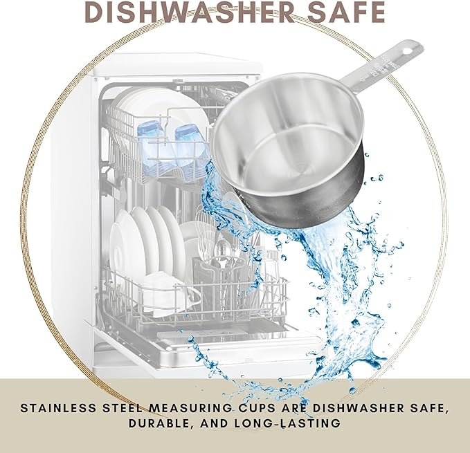 1 Cup Stainless Steel Measuring Cup | Sturdy Metal 250 ml | 240 cc | 8 oz | Single Cup for Wet and Dry Ingredients | Great for use as 1 Cup Dog Food Scoop - 4 PK