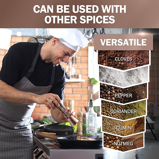 Home EC Original Copper Salt and Pepper Grinder Set of 2 - Adjustable Ceramic Grinder - Tall Glass Salt and Pepper Shakers With Funnel and Ebook - Kitchen Spice Mill - Copper Kitchen Accessories