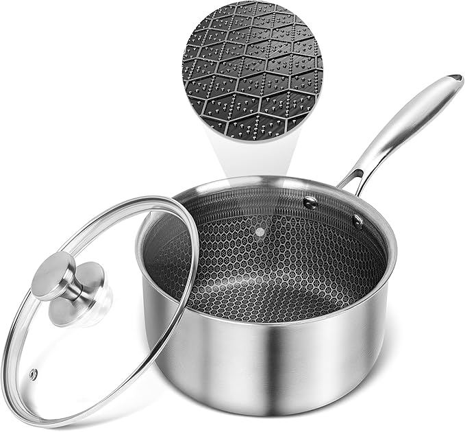 AuFranc™ Hybrid Nonstick 2 Quart Stainless Steel Saucepan with Glass Lid, Induction Sauce Pan with Honeycomb Carving, Non-stick Sauce Pot Compatible with All Cooktops, Dishwasher Safe, Non-Toxic