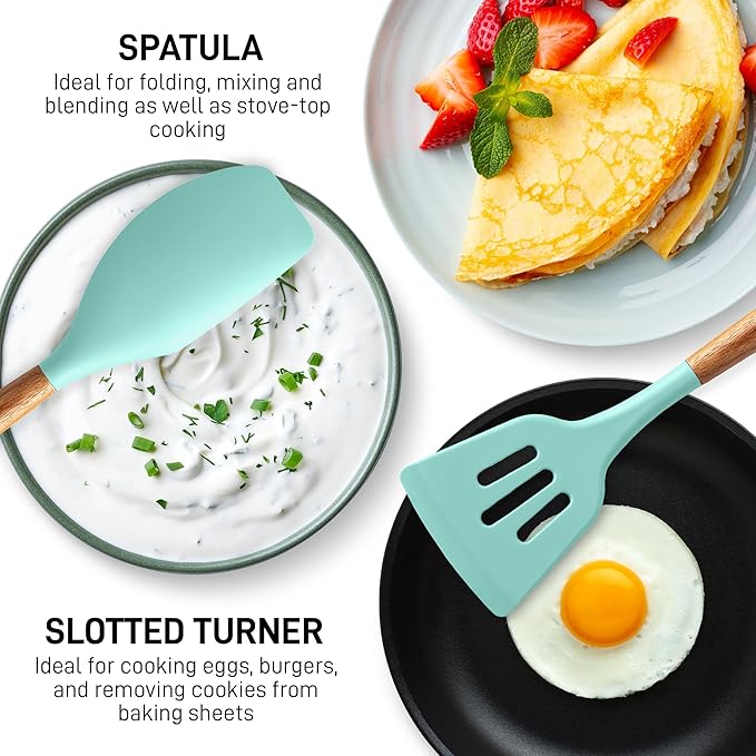 Zulay Kitchen Non-Stick Cooking Utensils Set with Authentic Acacia Wood Handles – 5-Piece Durable & Stylish Silicone Kitchen Utensils Set – Heat Resistant to 464°F – Aqua